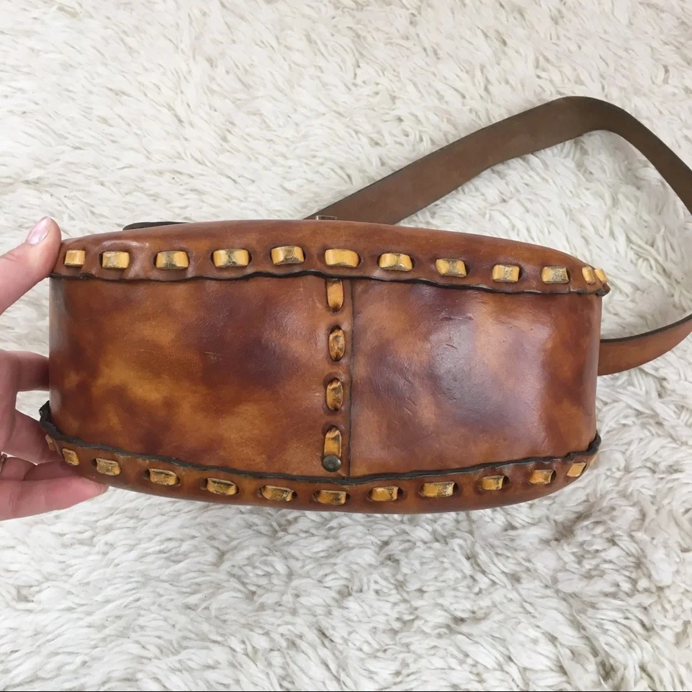 Brown Leather Crossbody Bag with Cat Embossing